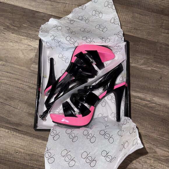 Deb Black With Hot Pink Strappy PVC Leather Heels 9 - Picture 2 of 8